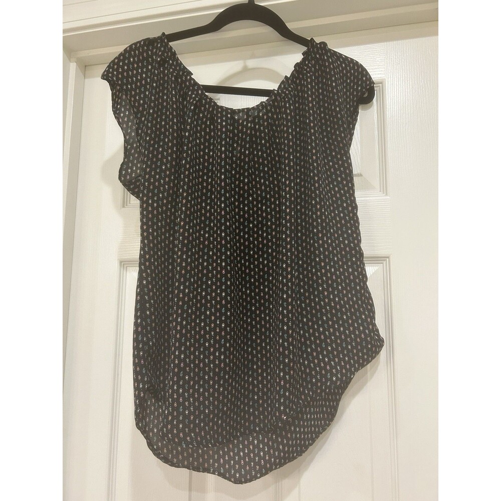 LC Lauren Conrad Black Geometric Diamond Print Tie Back V-Neck Blouse Medium